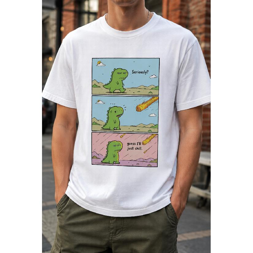 Plus Size - Men's T-Shirt S-5XL Featuring a Funny Dinosaur Comic Print - a Casual Short-Sleeve Round-Neck Top With a Relaxed Fit, Comfortable Feel,