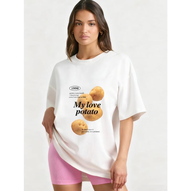 Oversized T Shirt Black My Love Potato Print Graphic Tee Casual Streetwear Summer Outfit Unisex Fashion Top