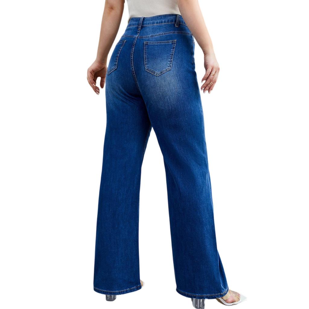 Women's Mid-Rise Stretch Jeans Fashion Straight Leg Denim Pants With Pockets