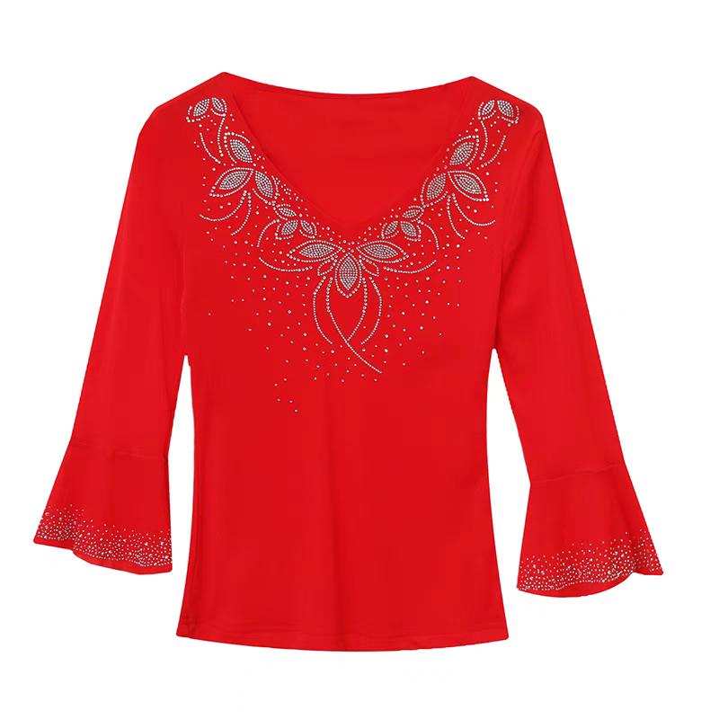 Летняя уличная одежда женские топы рубашка элегантная приталенная с V-образным вырезом горячие бриллианты сетчатая футболка рукава-клеш приталенные футболки