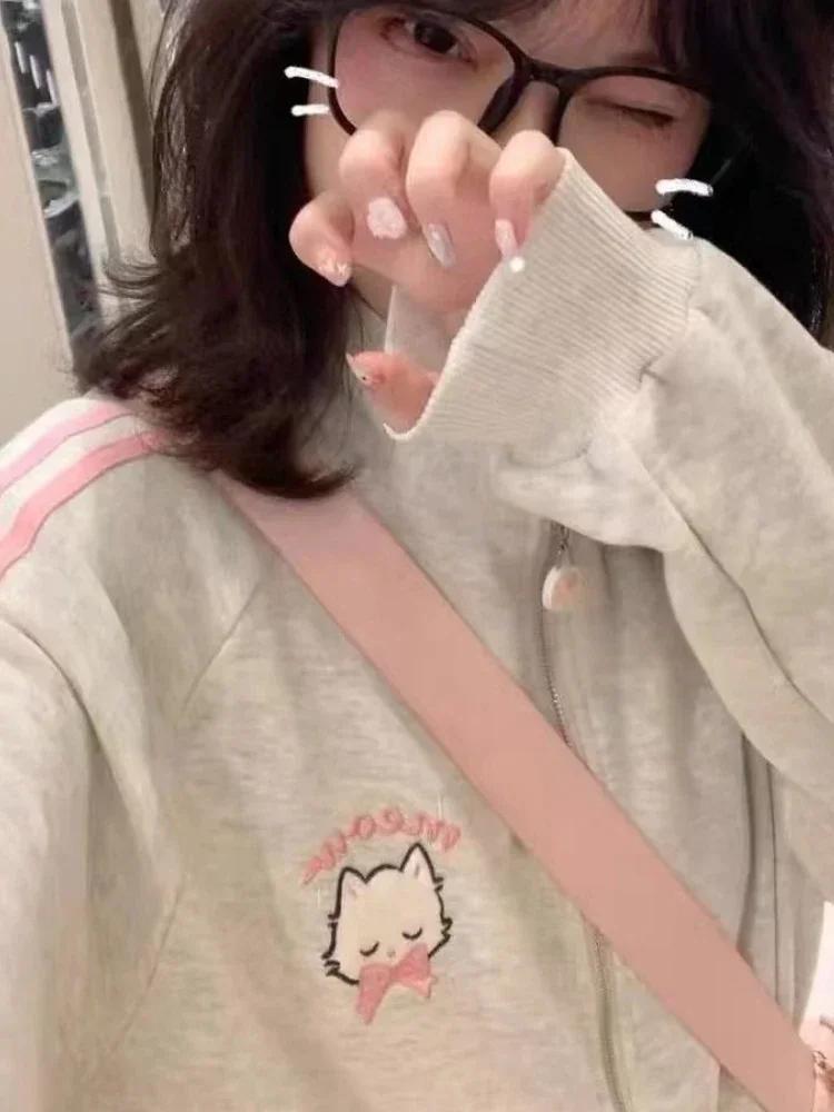 Japanese Fashion Kawaii Zipper Hoodie Set Women Harajuku Cute Pink Cat Embroidery Oversized Hooded Sweatshirt Set
