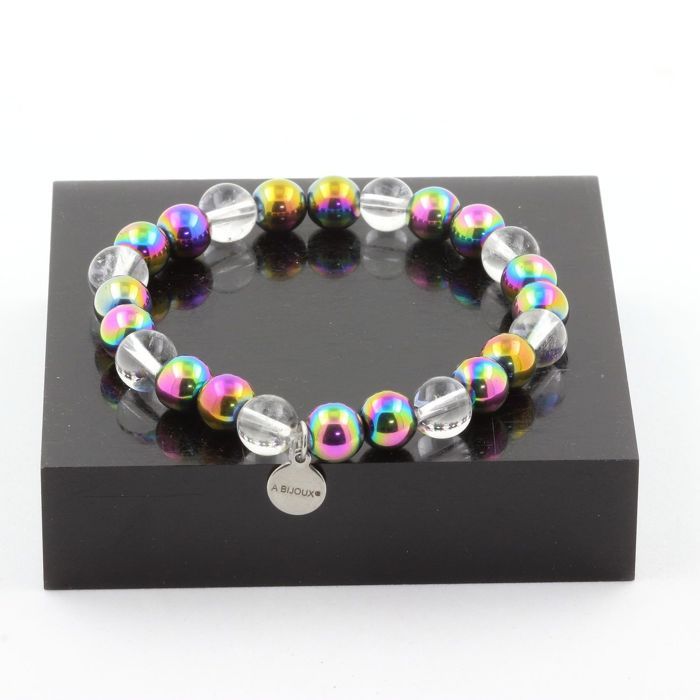 Stones and Minerals. 8 Mm Multicolored Quartz + Hematite Pearl Bracelet. Made In France.