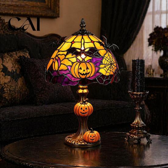 Unique Bat Wing Lamp Halloween Pumpkin Table Lamp, Stained Glass Reading Light, Gothic Cozy Nightstand Light for Bedroom Bookshelf, Seasonal