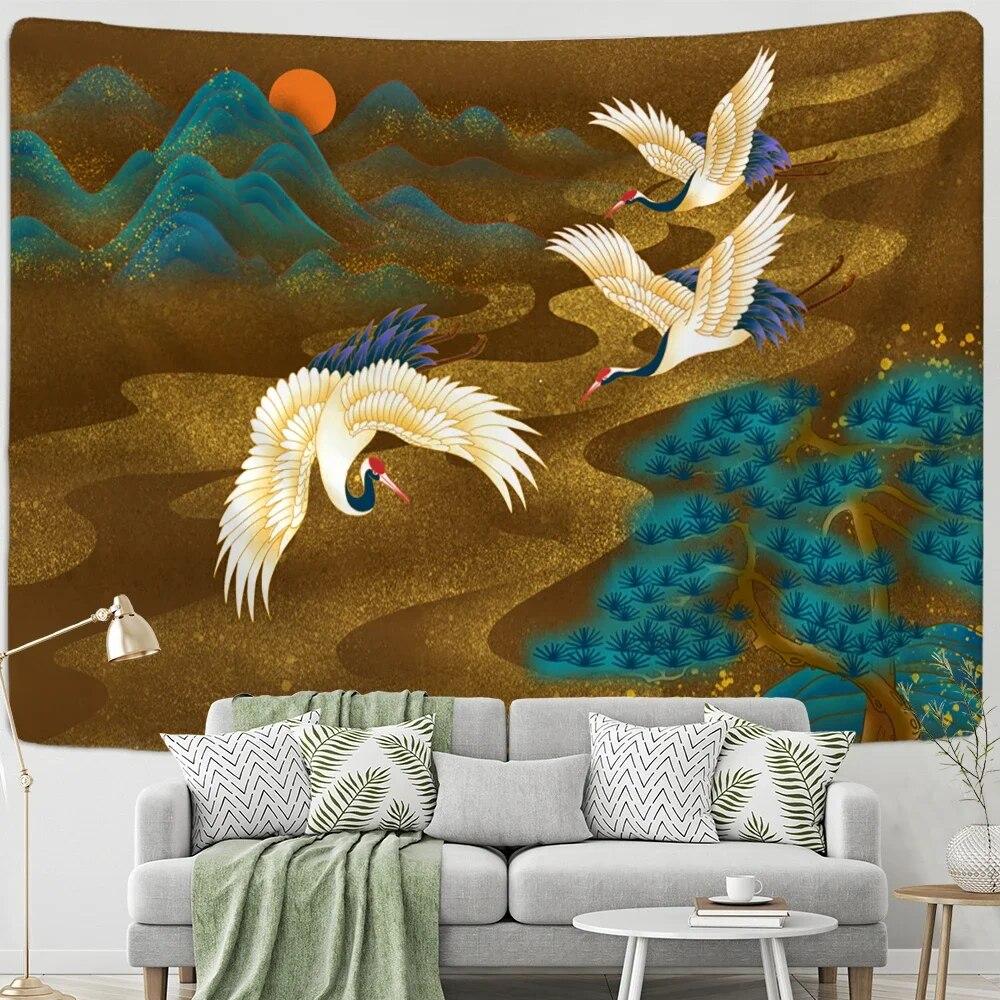 Chinese Lotus Tapestry Wall Hanging Psychedelic Hippie Bohemian Style Art Painting Bedroom Living Room Home Decor