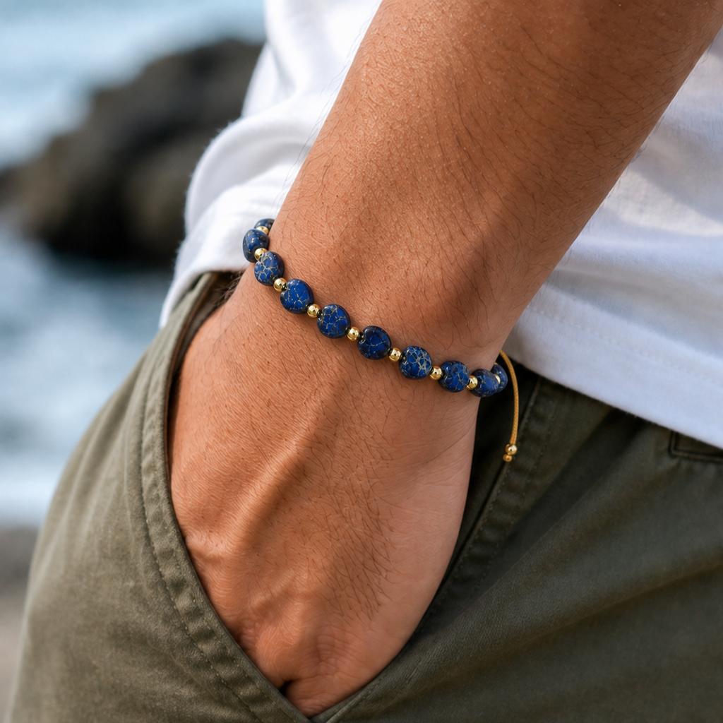 Go2boho Beaded Bracelet with Blue Heart Beads and 18K Gold Plated Ball Spacers, Adjustable Trendy Gift Jewelry