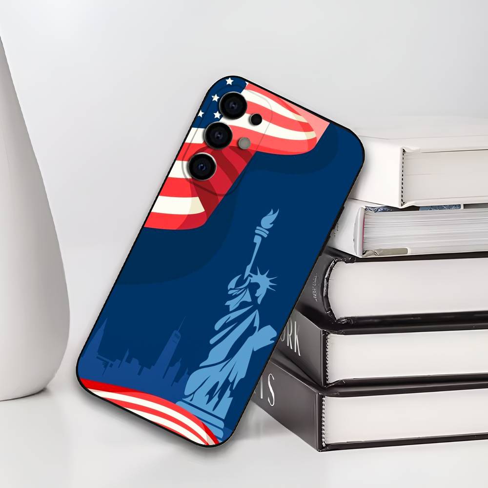 Флаг Америки S-Статуя L-Свободы Чехол для телефона USA для Samsung S25,S24,S21,S22,S23,S30,Ultra,S20,Plus, Мягкий Силиконовый Черный Чехол