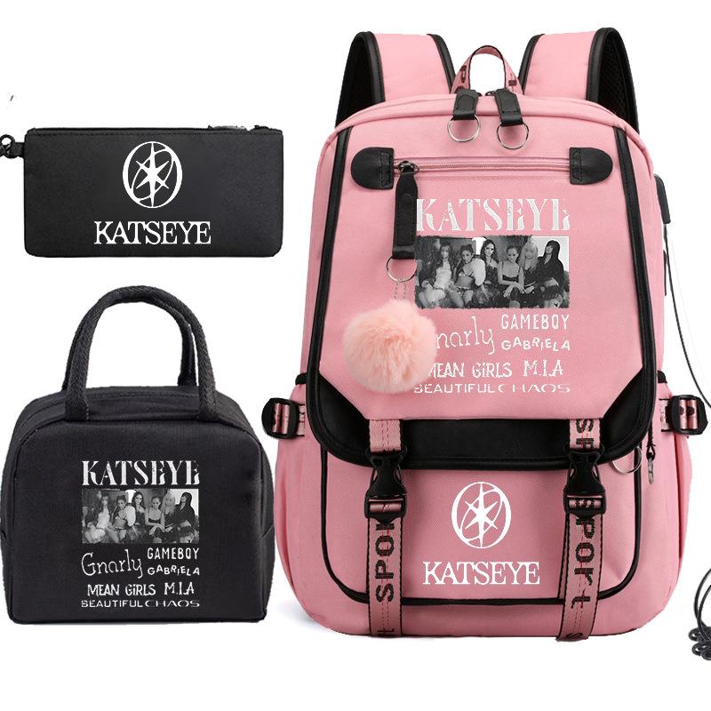 KATSEYE K-pop Print 3-Piece Backpack Set Student Bookbag Large Capacity Water-Resistant Unisex 60701-1