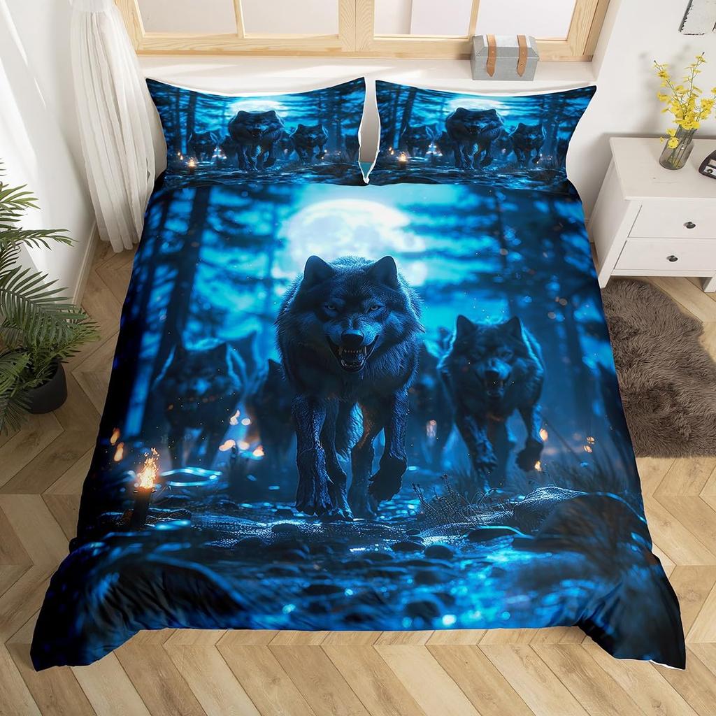 Wolf Warm Comforter Cover King Quen,Safari Animal Beding Set for Young Boys Adult Peoples Wild Wolves Soft Duvet Cover Smoky Mountain Comfortable