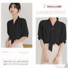 Tie Blouse Short Sleeve Shirt Blouse Office Top Chiffon Bow Elegant Pleated Splicing Slim Fit Fashion Cute Business Puff Sleeve Bow Top Commuting