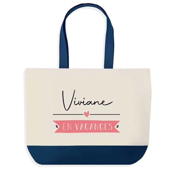 Tote bag - PLANETEE - Viviane en Vacances - fond bleu - coton 40 x 45 cm - grand format