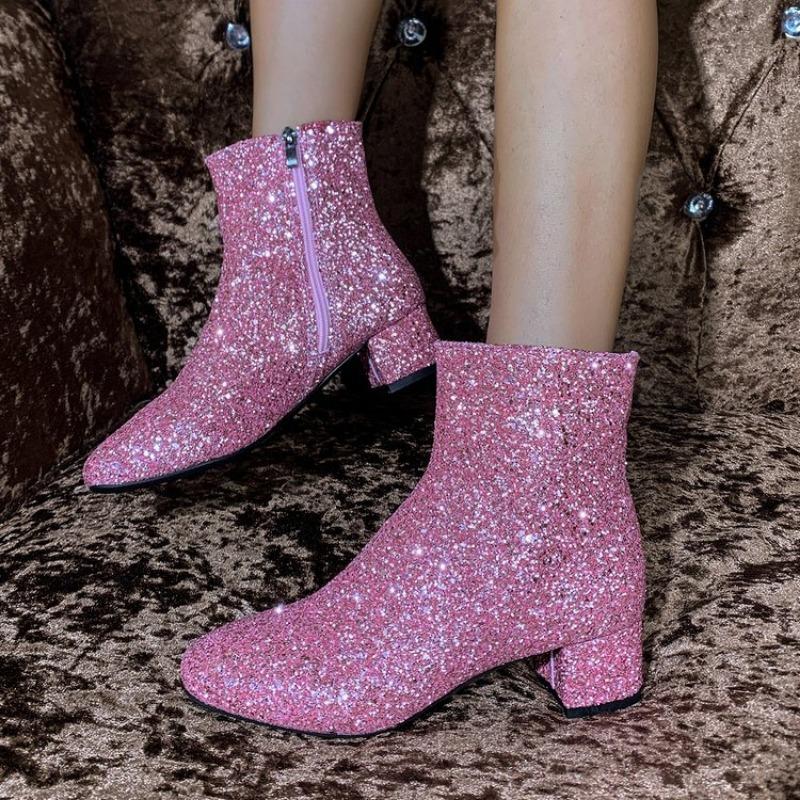 Fashion Fashionable Women's Boots 2024 Winter New Item Solid Color Side Zipper Luxury Sequin Comfortable Midsole Boots Zapatos De Mujer