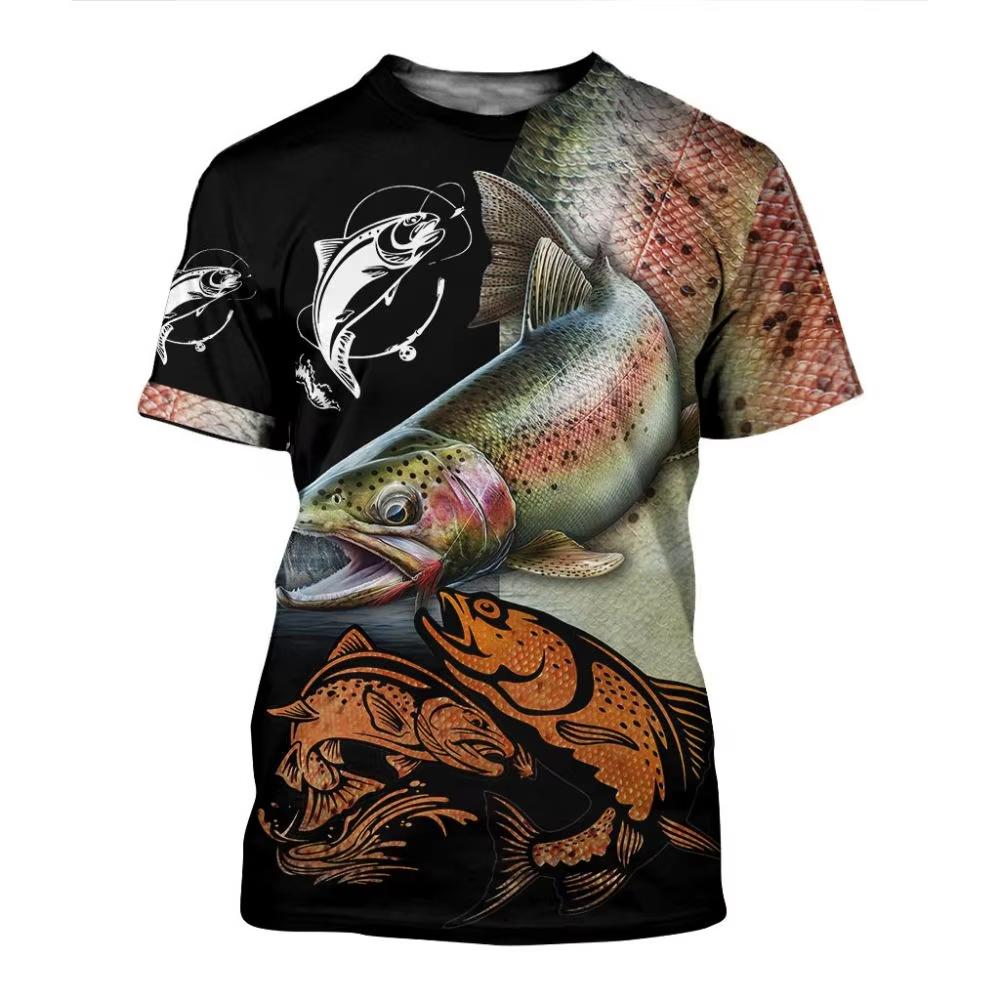 Retro Men's T-shirt, Outdoor Sports Short Sleeved T-shirt with 3D Fishing Print, Men's Casual T-shirt, Loose T-shirt, Men's Streetwear