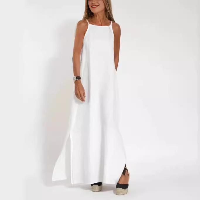 Весенне-летнее женское модное повседневное хлопковое платье с разрезом на бретельках