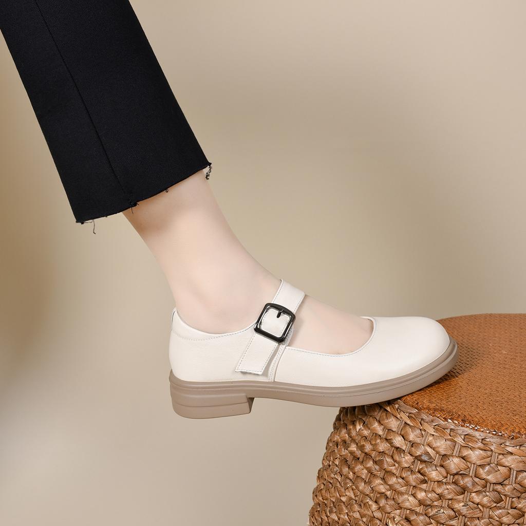 Round Head Mary Jane Shoes Women's First Layer Cowhide One-word Buckle Shallow Mouth Flat Bottom College Style Small Leather Shoes