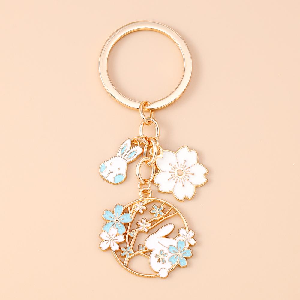 Cute Enamel Cartoon Animal Rabbit Cat Keychain Women Girls Flower Key Ring Pendants Handbag Decor DIY Handmade Jewelry Gifts