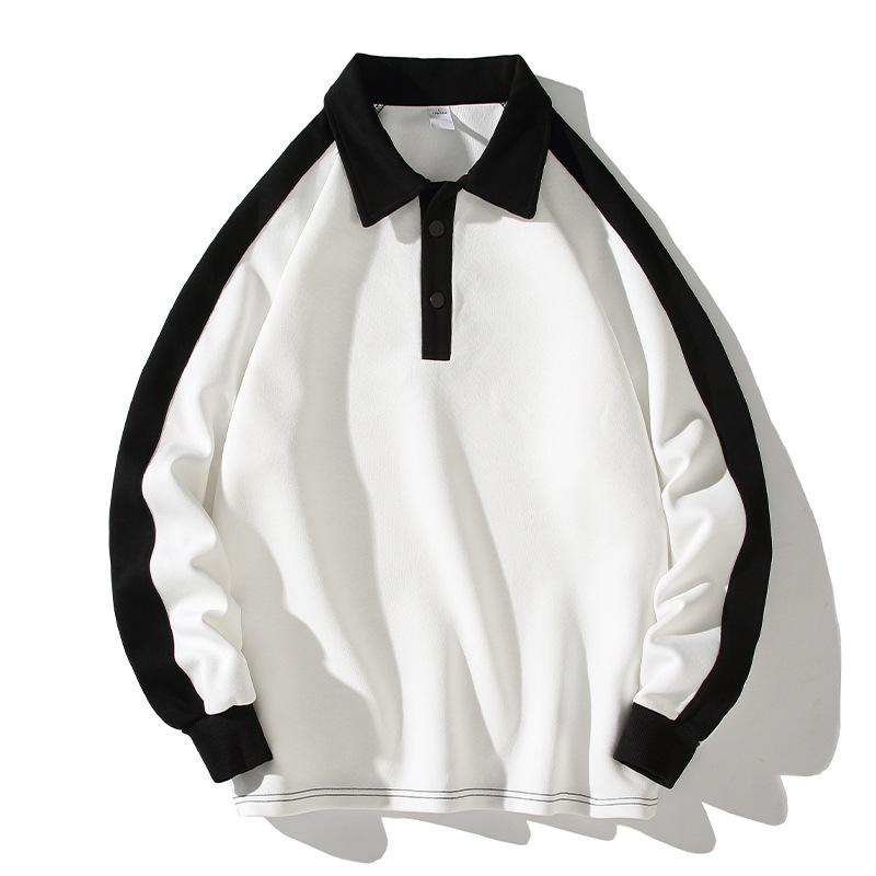 Men Loose Long Sleeve Turn Down Collar Color Block Patchwork Pullover Polo Sweatshirt