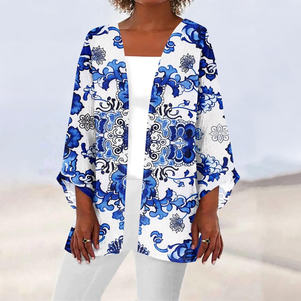 Women's Casual Fashion Caot Retro Printed Lightweight Medium Length Jacket Cardigan