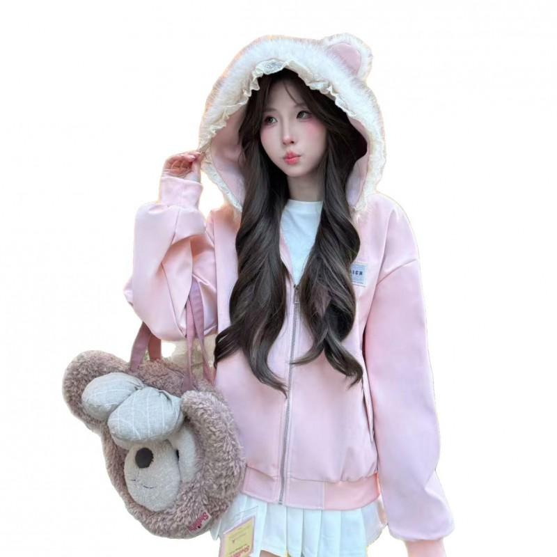 2026 Hooded Zip-up Cardigan Women Men Loose Fit Sweet Style