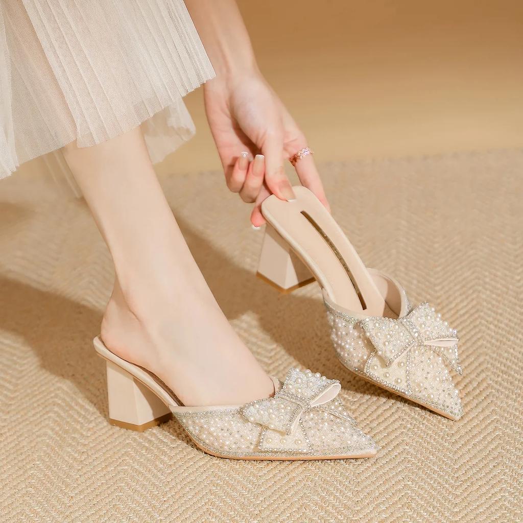 2024 New Summer Baotou Half Slippers Women's Pointed Toe High-heeled Mules Sandals Woman Rhinestone Bow-knot Wedding Party Pumps