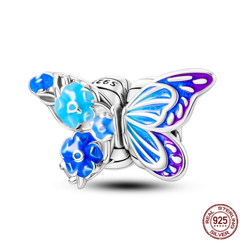 100% 925 Silver Butterfly Flower Blue Zircon Charms Beads Fit Qikaola 925 Bracelets Exquisite DIY Jewelry Gift