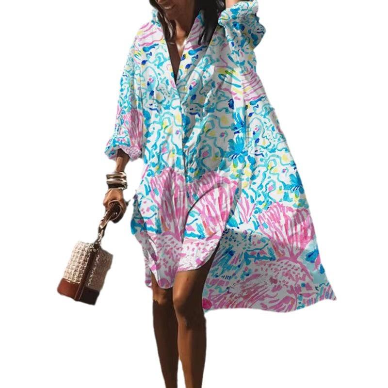 Spot European and American large size women's clothing temperament loose dress shirt skirt