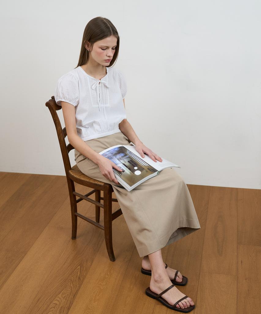 DEHEVE Puff Sleeve Ribbon Blouse [Ivory]