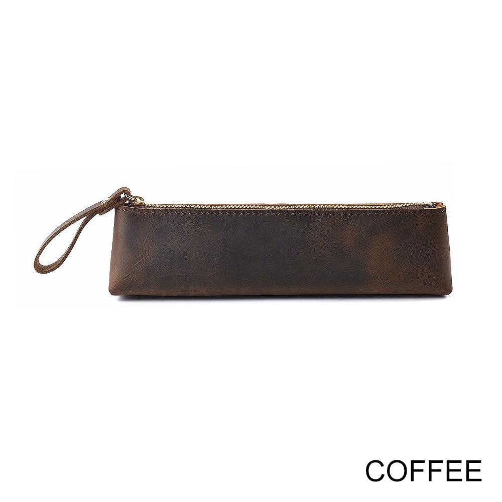Large Capacity Vintage Crazy Horse Leather Zipper Pen Case Handmade Creative School Stationery Pencil Bag Genuine Leather