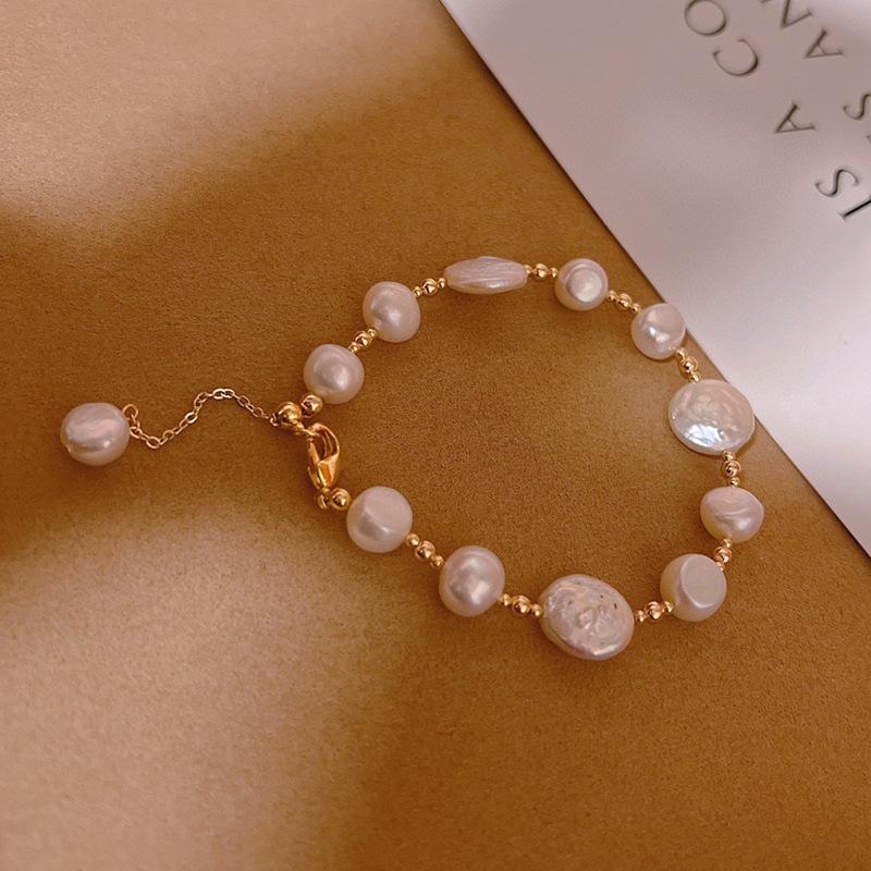 Fashion Simple Freshwater Pearl 14K Gold Plated Beaded Geometric Women's Trendy Party Bracelet HUIXUN