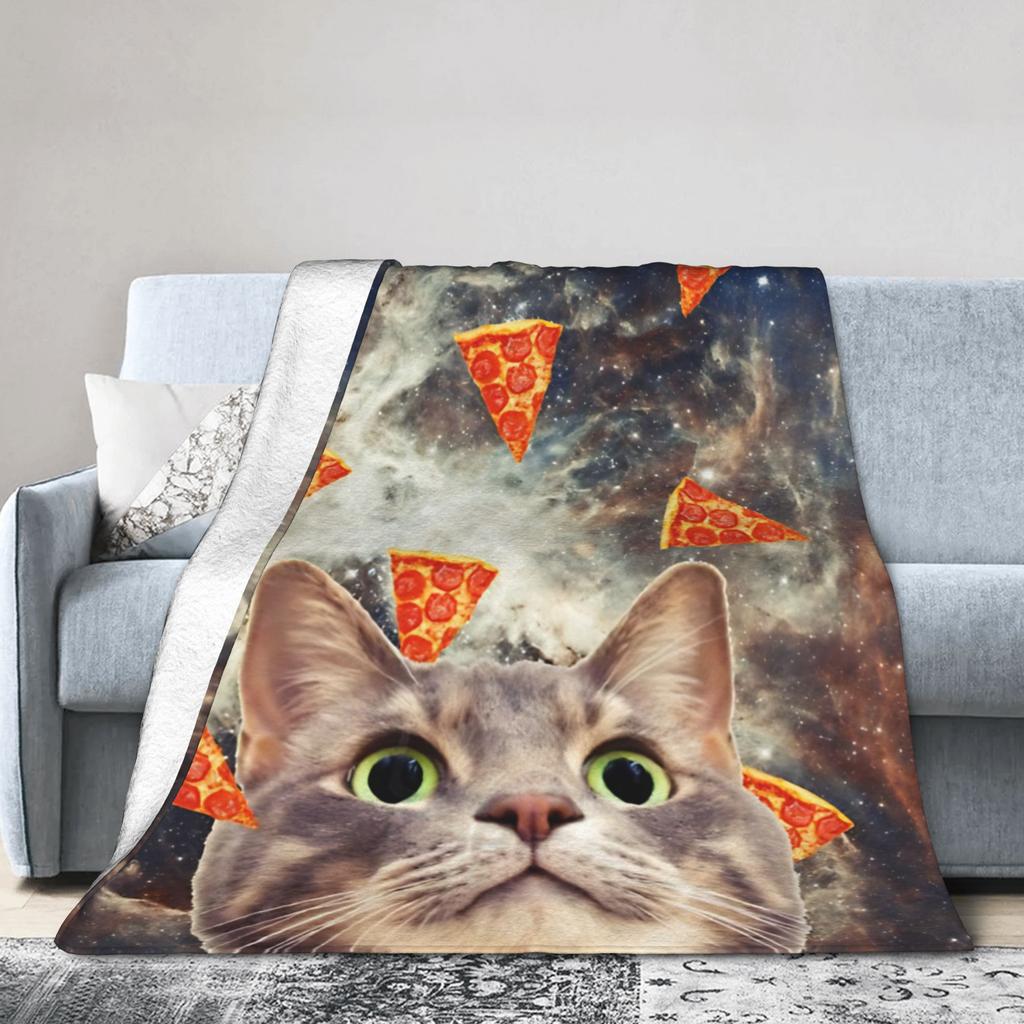 Space Flying Pizza Cat Art Collage Wool Blankets Surrealism Art Funny Throw Blanket for Quilt 200x150cm Warm