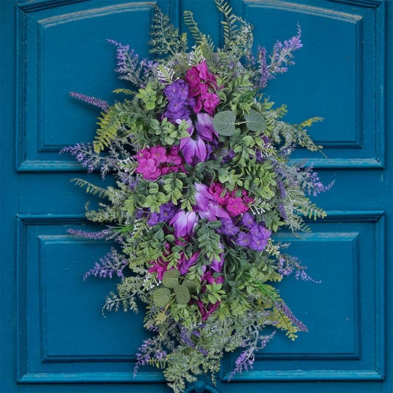 Tulips Wreath for Front Door Spring Artificial Flower Wreath with Hyacinths Hydrangeas Lavenders Wall Hangings Decorations