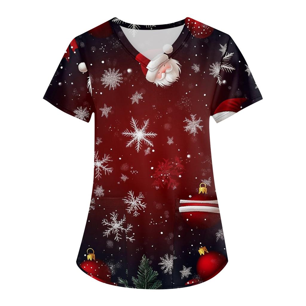 Women's Fashion V-neck Short Sleeve Workwear With Pockets Christmas Printed Tops