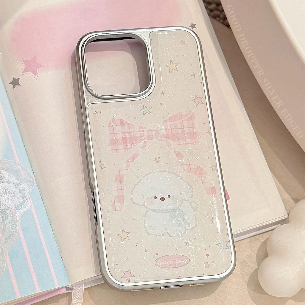 Чехол в стиле Instagram с бантом для щенка для IPhone 17, 16 Pro Max, IPhone 15, Блестки из эпоксидной смолы, Жесткий Huawei 17 мм