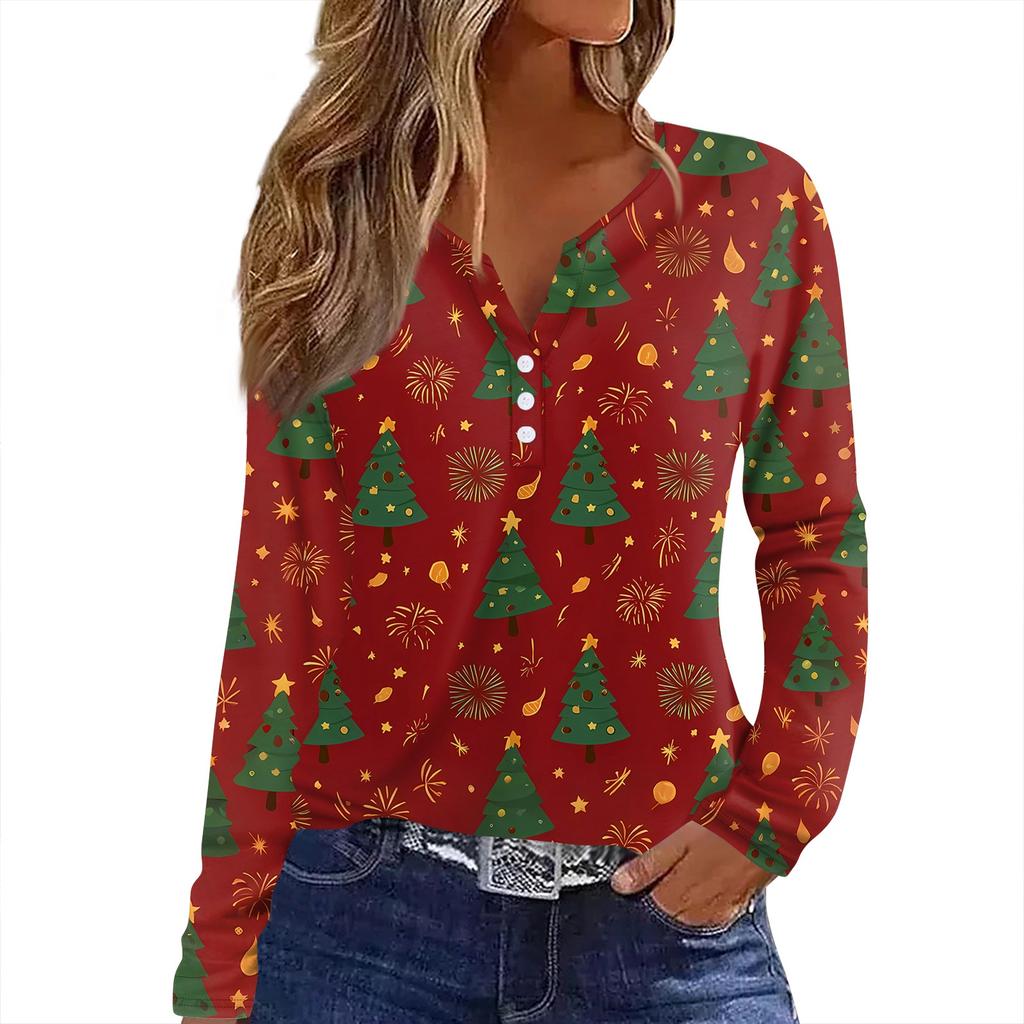 Женская футболка с рождественским принтом на пуговицах с длинным рукавом, повседневная, выходного дня, модная, базовая, с V-образным вырезом, обычная