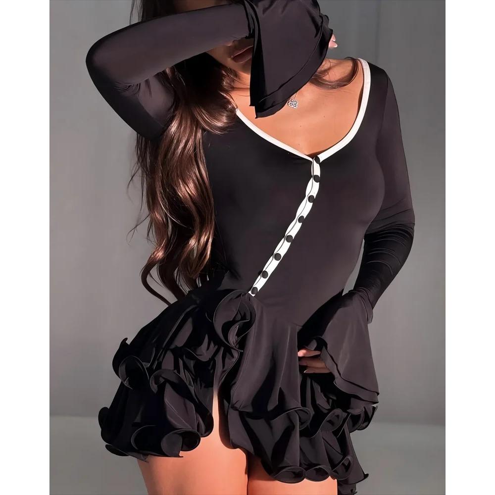 Женское облегающее мини-платье А-силуэта с оборками по подолу и V-образным вырезом, асимметричные пуговицы, длинное рукава, короткое платье, наряды для вечеринок и улиц