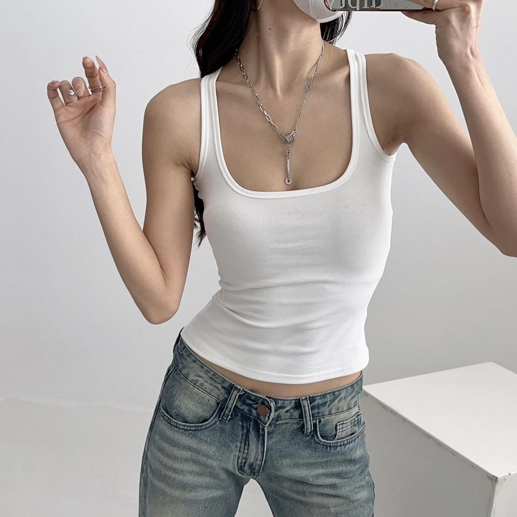 Women Scuplted  Solid Color Square Neck Tank Top