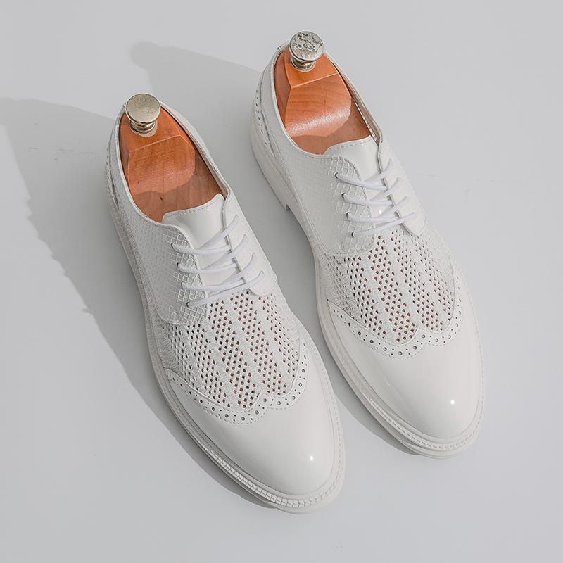 Летние белые полые дышащие туфли-оксфорды на шнуровке, мужские заостренные туфли на толстой подошве, деловые свадебные кожаные туфли, фирменные туфли дерби