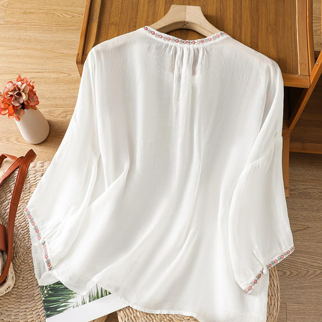 Женская повседневная модная блузка-пуловер с коротким рукавом, круглым вырезом и вышивкой