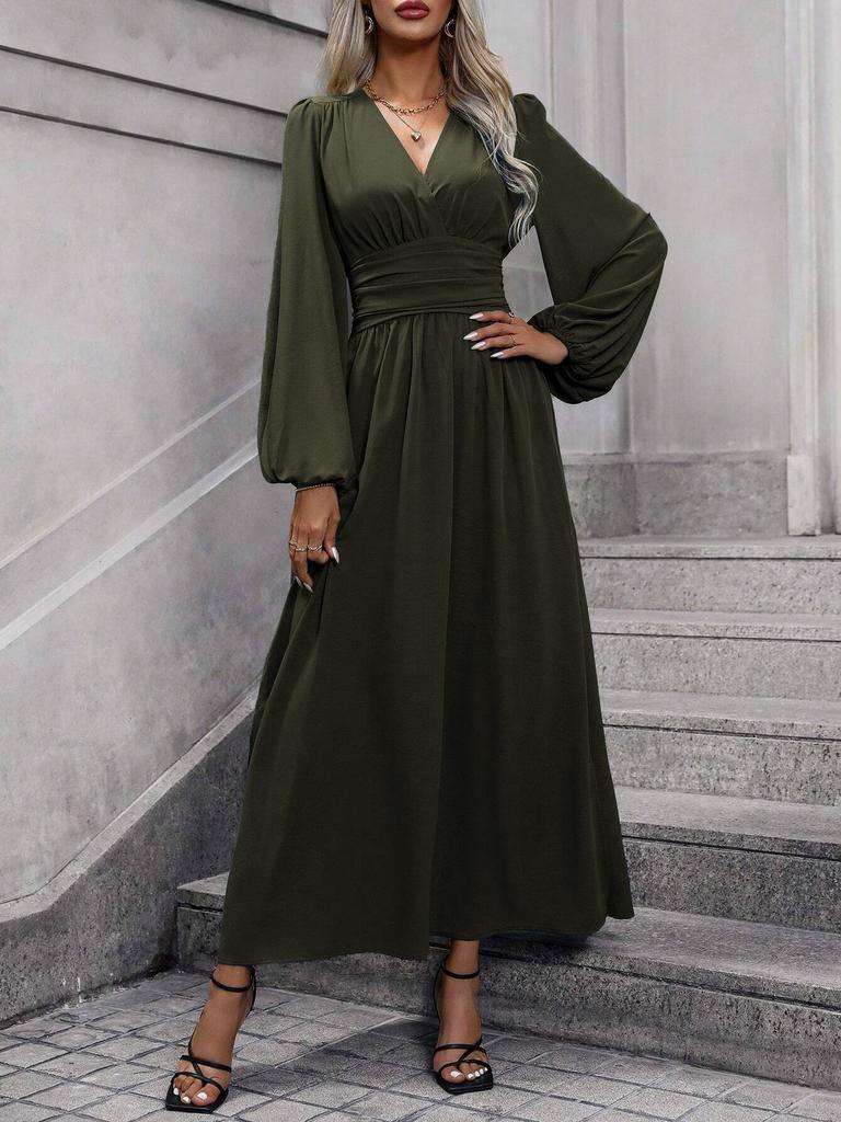 Autumn and winter new women's lantern sleeves with high split ends dress black navy blue burgundy army green leopard print