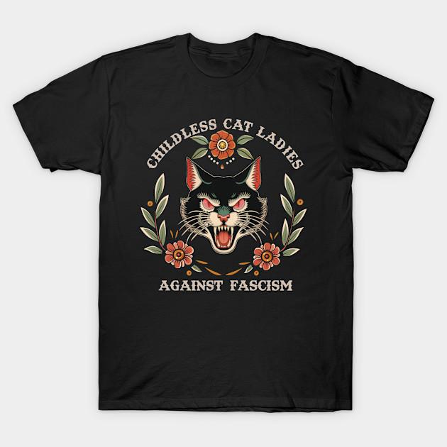 Asian Size Men Print T-shirt Childless Cat Ladies Against Fascism, Feminist for Kamala Harris President No-Cut Heat Transfer Print Cotton Tshirt