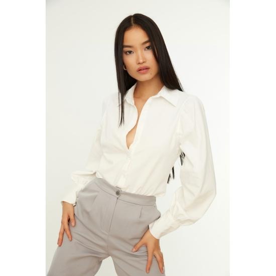 White Woven Balloon Sleeve Basic Stylish Cotton Shirt