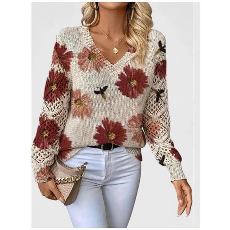 Women V Neck Knit Sweater Romantic Blossom Floral Print Hollow Out Loose Long Sleeve Pullover Autumn Winter Casual Top