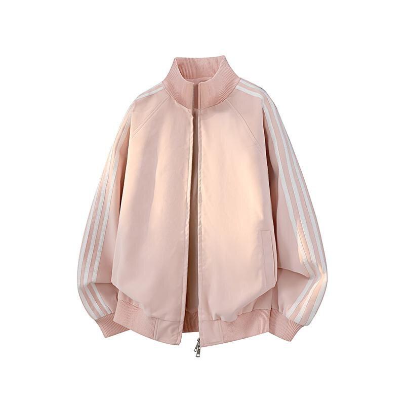 Mens Oversized Stand Collar Jacket 2026 Retro Sporty Bomber With Contrast Stripes Loose Fit