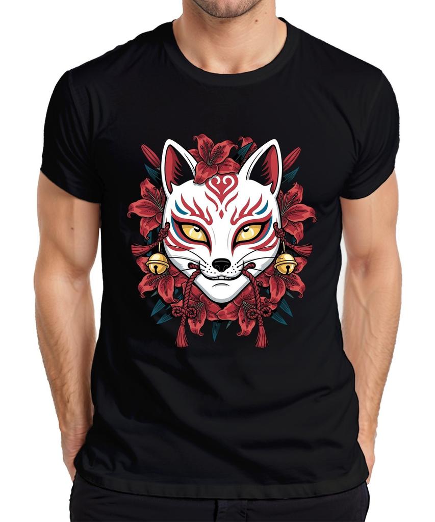 Kitsune Mask Japanese Fox Lilies Flowers Anime Y2K Cosplay Men's T-Shirt