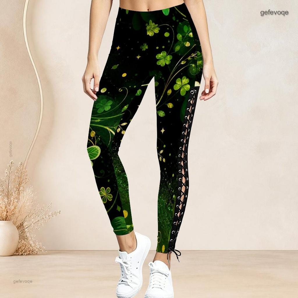 Women Plus Size High Waist Side Eyelet Lace Up Printed Dark Navy Fitted Full Length Leggings