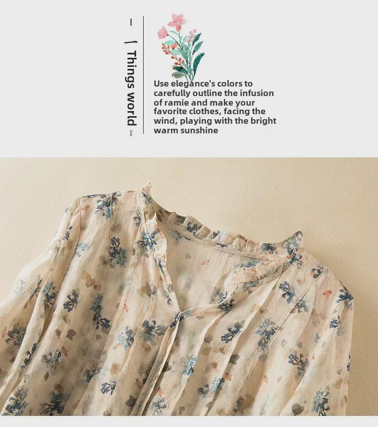 Летняя льняная рубашка с цветочным принтом и воротником-ушком