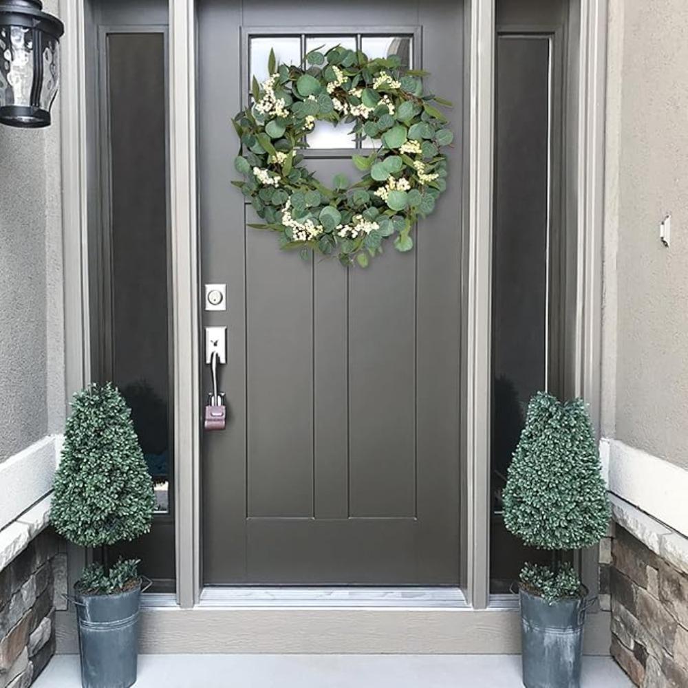 Весенние летние венки для входной двери, искусственный эвкалиптовый венок, венок из белых ягод и зелени для окна, крыльца, свадьбы, фермерского дома, садовой вечеринки, декор