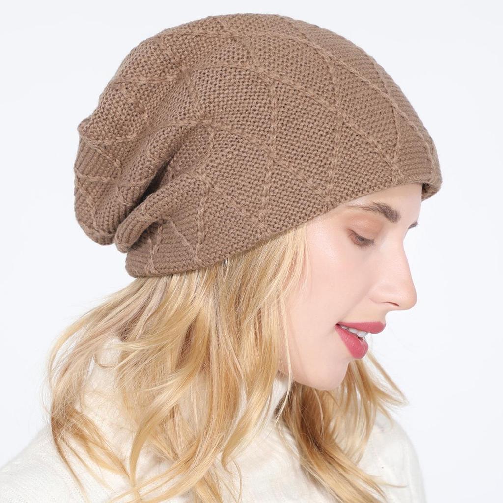 New Women's Knitted Pullover Hat Solid Color Mesh Diamond Plush Wool Cap Autumn Winter Ear Protection Pile Cap