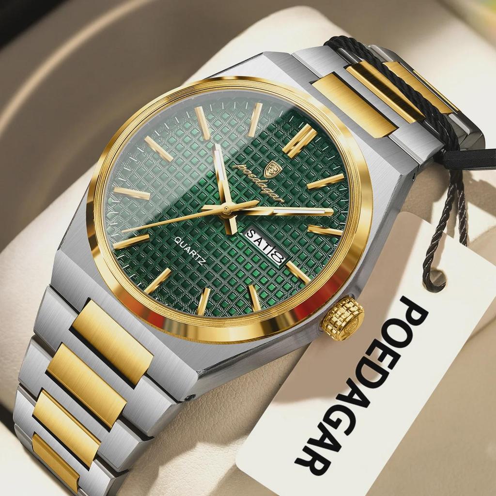 POEDAGAR Роскошные мужские часы Дата Неделя Водонепроницаемые Светящиеся Часы из Нержавеющей Стали Для Мужчин Повседневные Кварцевые Мужские Часы