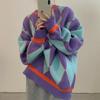 Autumn Winter Women's Korean Style Student Color Block Argyle Lazy Loose Sweater Versatile Knit Top