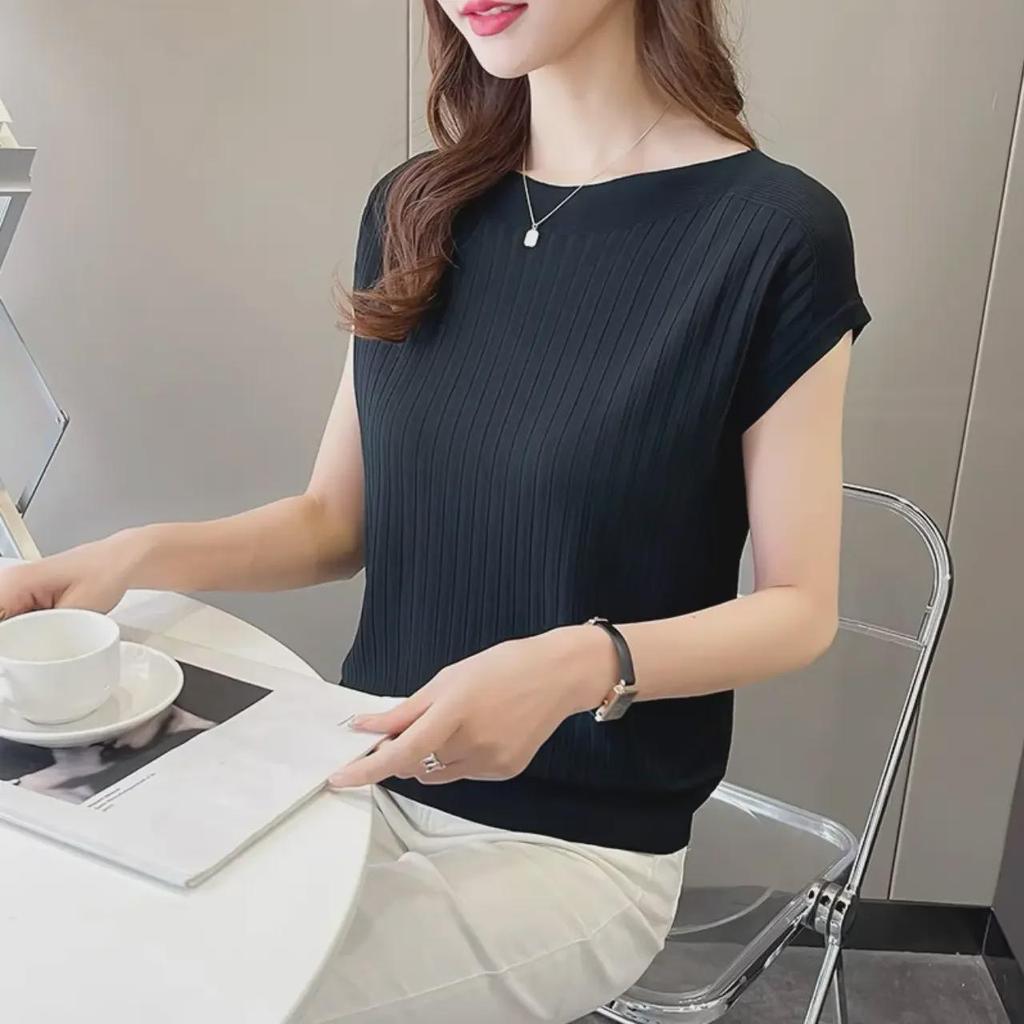 Women's Summer One-Shoulder Ice Silk Knitted Short-Sleeve Top with Vertical Stripes and Stand-Up Collar
